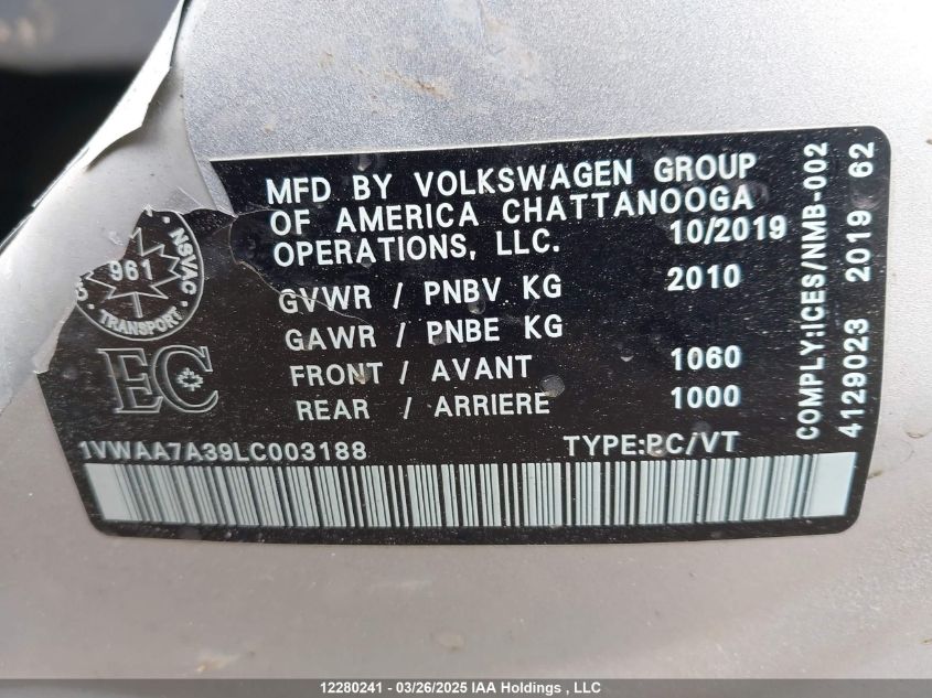 2020 Volkswagen Passat S VIN: 1VWAA7A39LC003188 Lot: 12280241