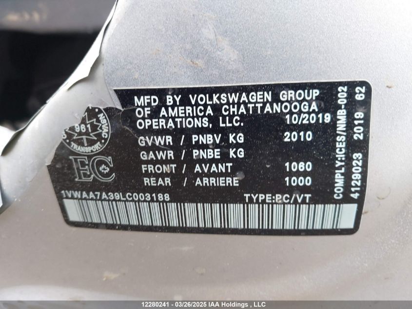 2020 Volkswagen Passat S VIN: 1VWAA7A39LC003188 Lot: 12280241