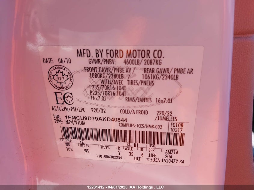 1FMCU9D79AKD40844 2010 FORD ESCAPE photo no. 9