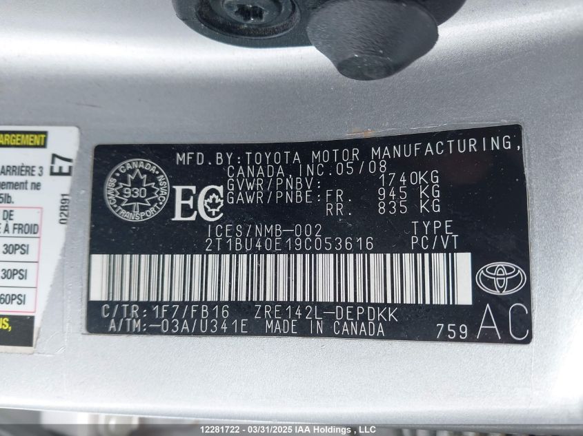 2009 Toyota Corolla Le VIN: 2T1BU40E19C053616 Lot: 12281722