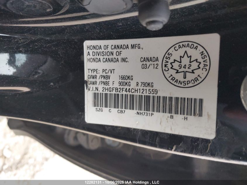 2012 Honda Civic Lx VIN: 2HGFB2F44CH121559 Lot: 12282131