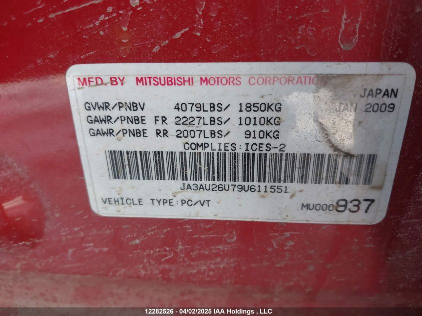 2009 Mitsubishi Lancer Se/Gt VIN: JA3AU26U79U611551 Lot: 12282526