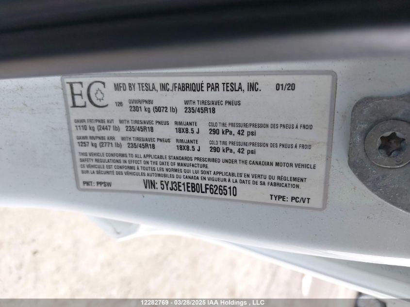 2020 Tesla Model 3 VIN: 5YJ3E1EB0LF626510 Lot: 12282769