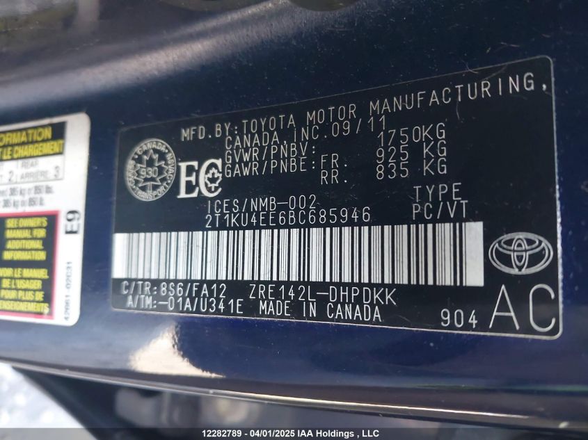 2011 Toyota Matrix Wagon VIN: 2T1KU4EE6BC685946 Lot: 12282789