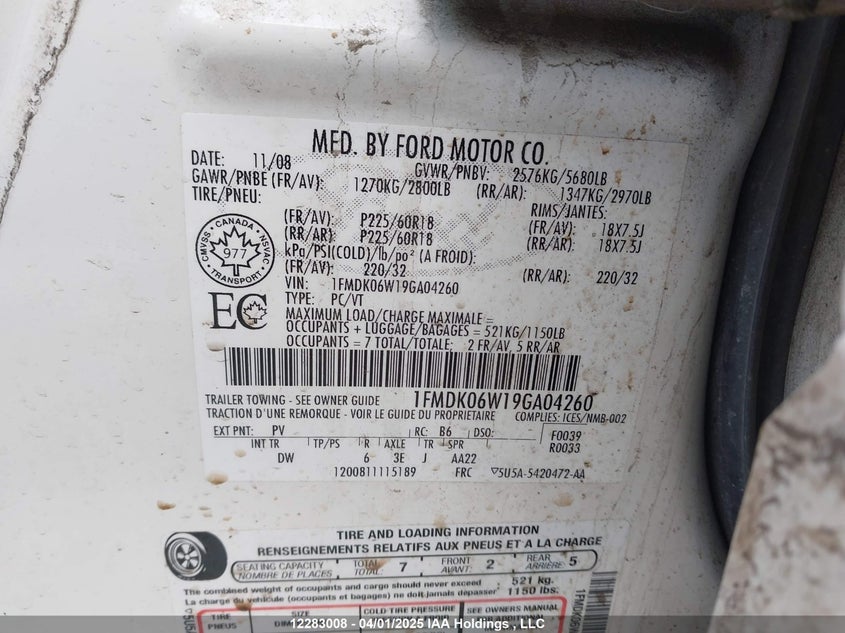 2009 Ford Taurus X Limited VIN: 1FMDK06W19GA04260 Lot: 12283008