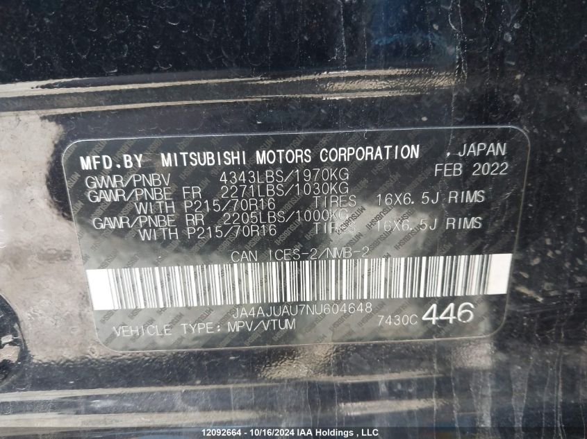 2022 Mitsubishi Rvr VIN: JA4AJUAU7NU604648 Lot: 12092664X