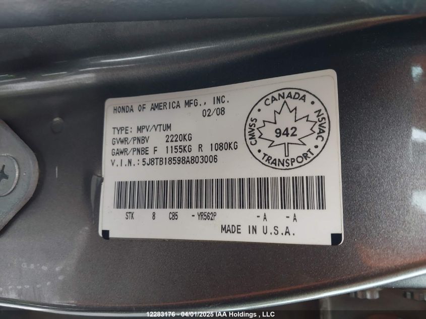 2008 Acura Rdx Technology VIN: 5J8TB18598A803006 Lot: 12283176