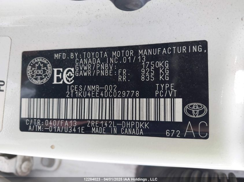 2013 Toyota Matrix Wagon VIN: 2T1KU4EE4DC029778 Lot: 12284023