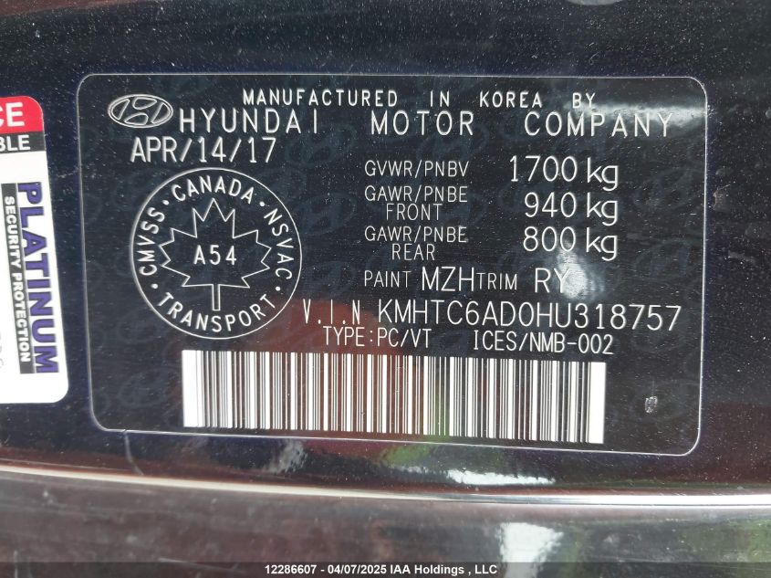 2017 Hyundai Veloster VIN: KMHTC6AD0HU318757 Lot: 12286607