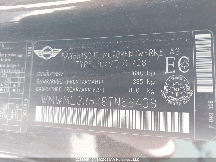 2008 Mini Cooper Clubman VIN: WMWML33578TN66438 Lot: 12286845