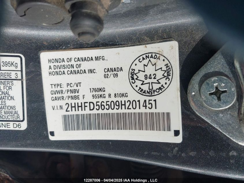 2009 Acura Csx VIN: 2HHFD56509H201451 Lot: 12287006