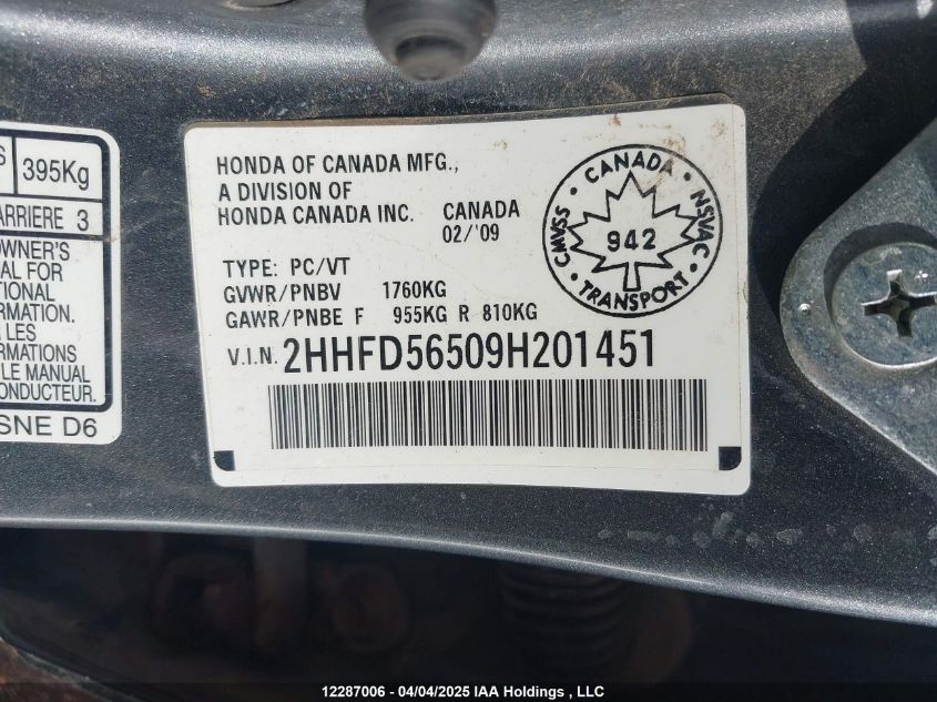 2009 Acura Csx VIN: 2HHFD56509H201451 Lot: 12287006