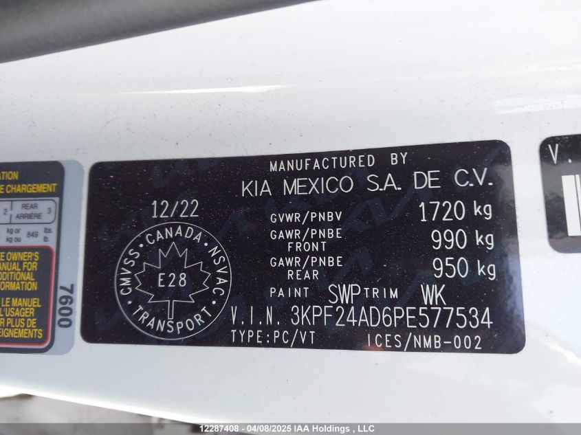 2023 Kia Forte Lx/Lxs VIN: 3KPF24AD6PE577534 Lot: 12287408
