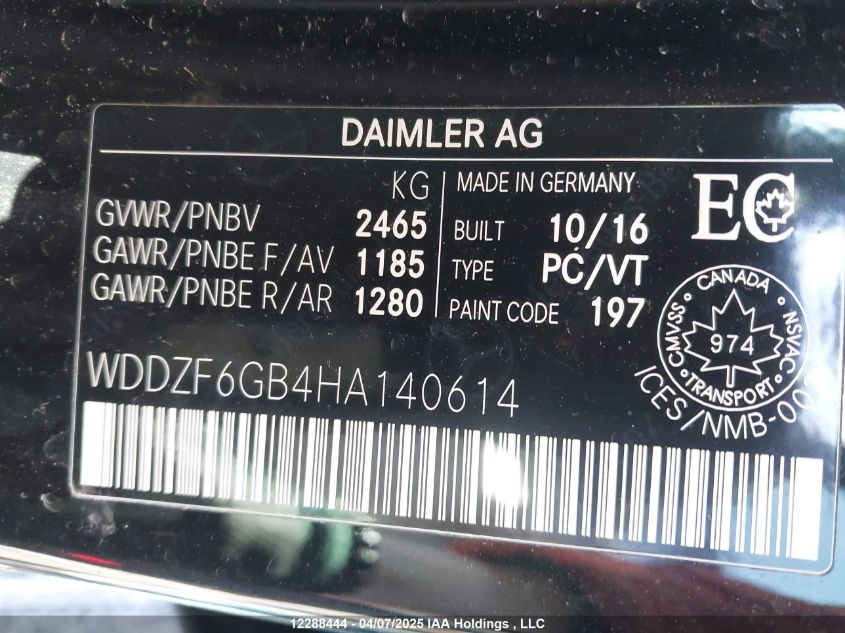 2017 Mercedes-Benz E-Class VIN: WDDZF6GB4HA140614 Lot: 12288444