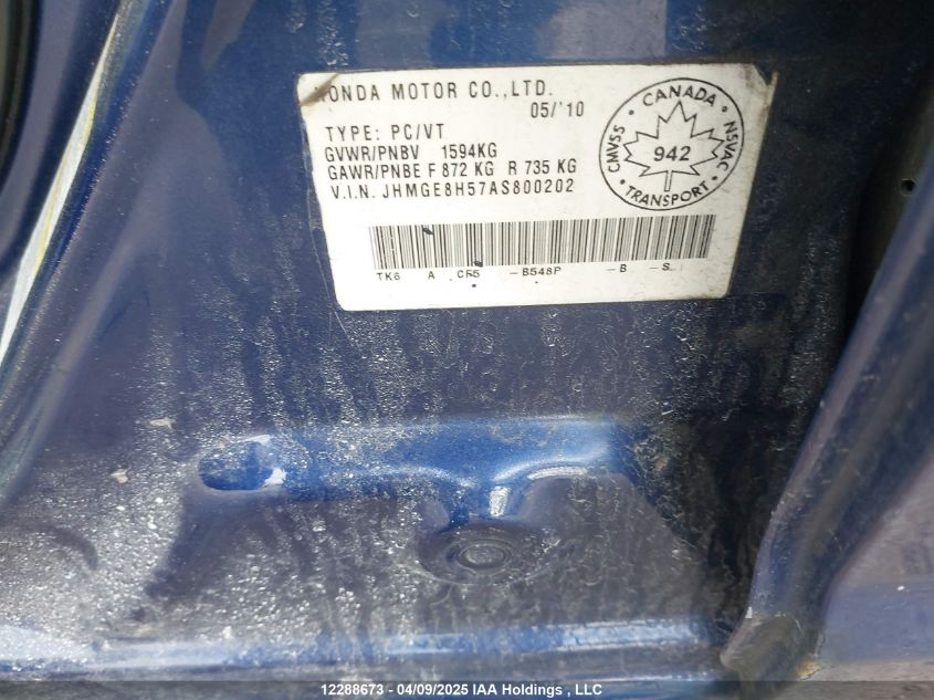 2010 Honda Fit VIN: JHMGE8H57AS800202 Lot: 12288673