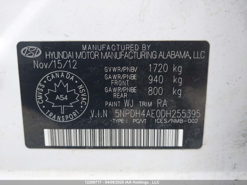 2013 Hyundai Elantra Gls VIN: 5NPDH4AE0DH255395 Lot: 12288717