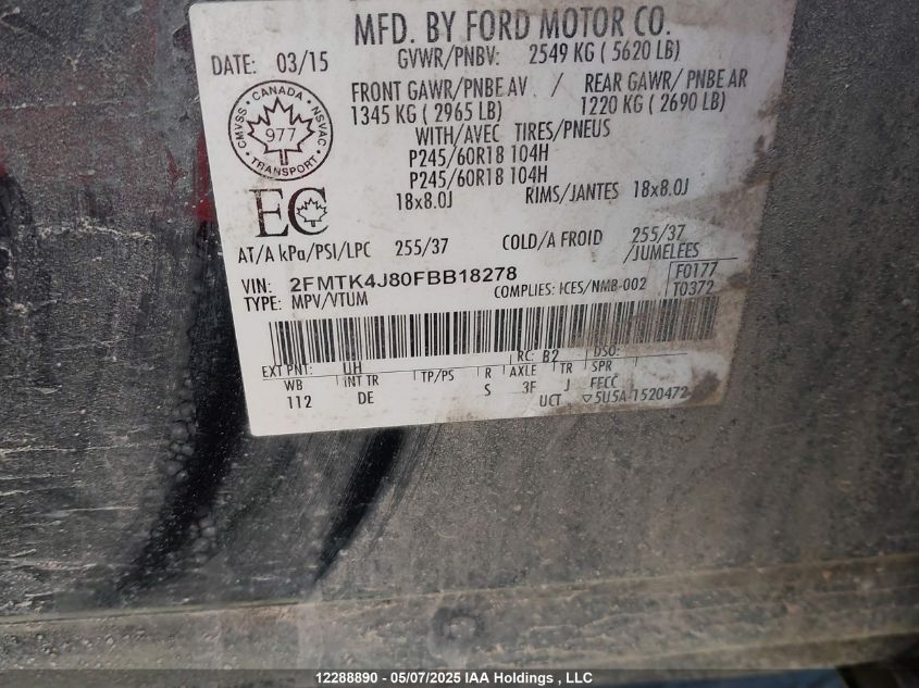 2015 Ford Edge Sel VIN: 2FMTK4J80FBB18278 Lot: 12288890