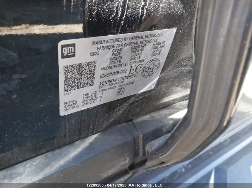 2022 Chevrolet Suburban K1500 Rst VIN: 1GNSKEKT1NR260201 Lot: 12289203