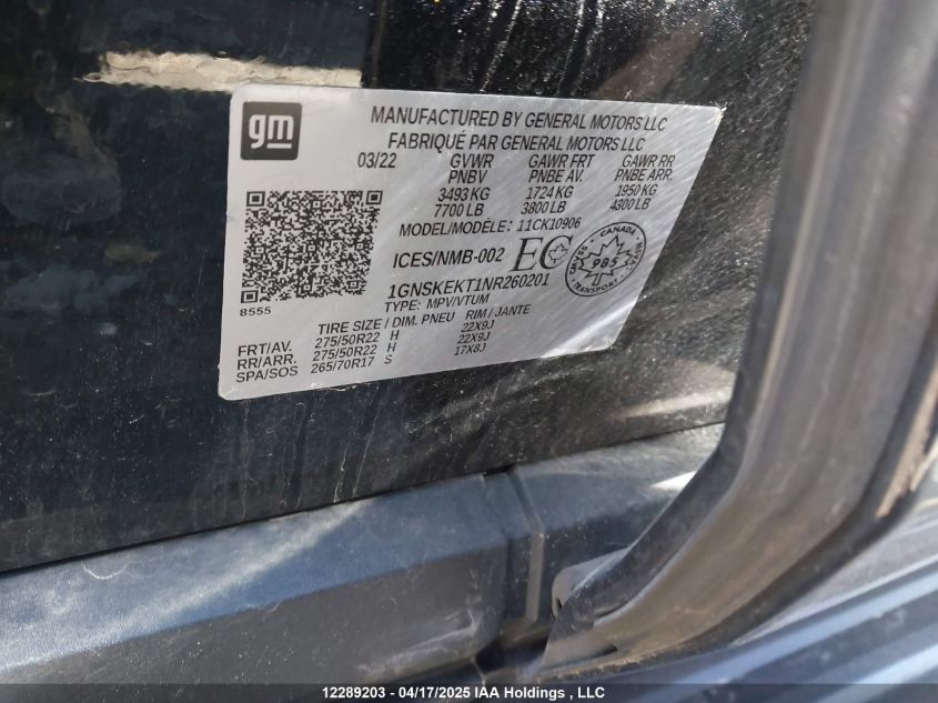 2022 Chevrolet Suburban K1500 Rst VIN: 1GNSKEKT1NR260201 Lot: 12289203