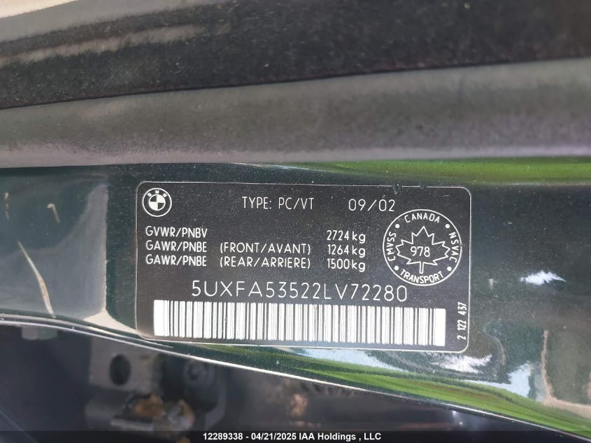 2002 BMW X5 3.0I VIN: 5UXFA53522LV72280 Lot: 12289338