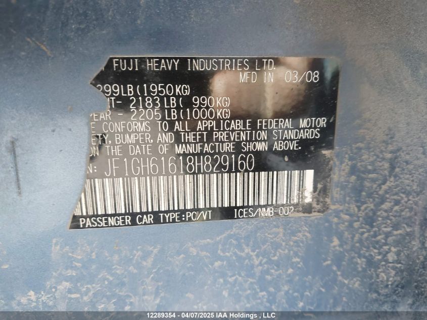 2008 Subaru Impreza VIN: JF1GH61618H829160 Lot: 12289354