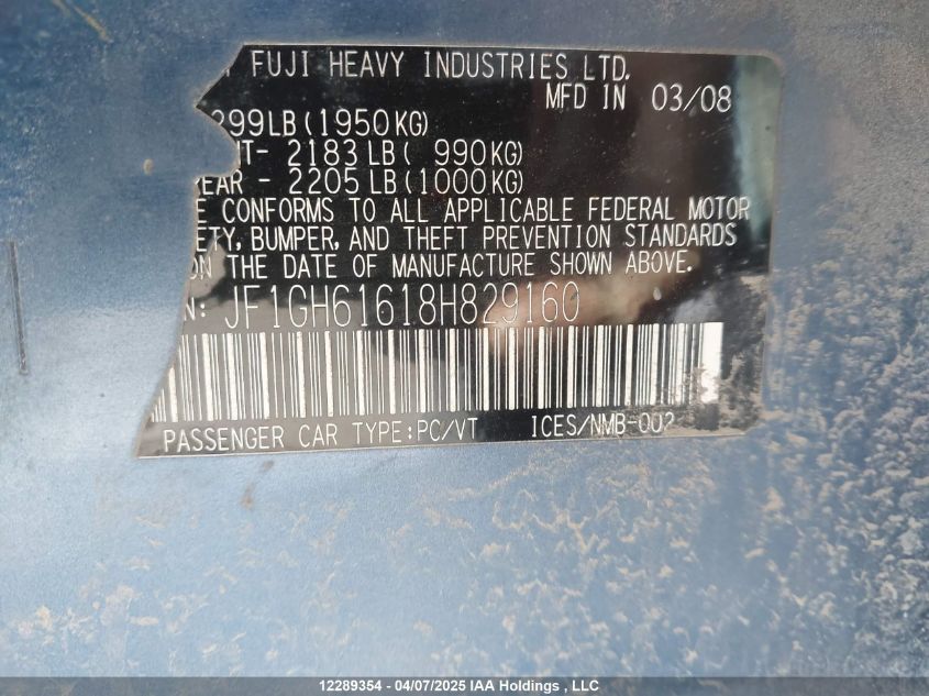 2008 Subaru Impreza VIN: JF1GH61618H829160 Lot: 12289354