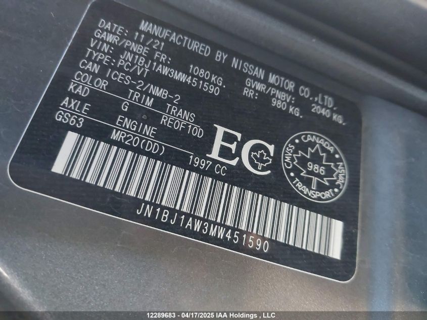 2021 Nissan Qashqai S VIN: JN1BJ1AW3MW451590 Lot: 12289683