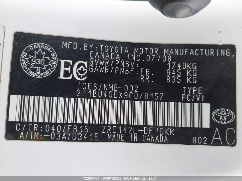 2009 Toyota Corolla Le VIN: 2T1BU40EX9C078157 Lot: 12289709