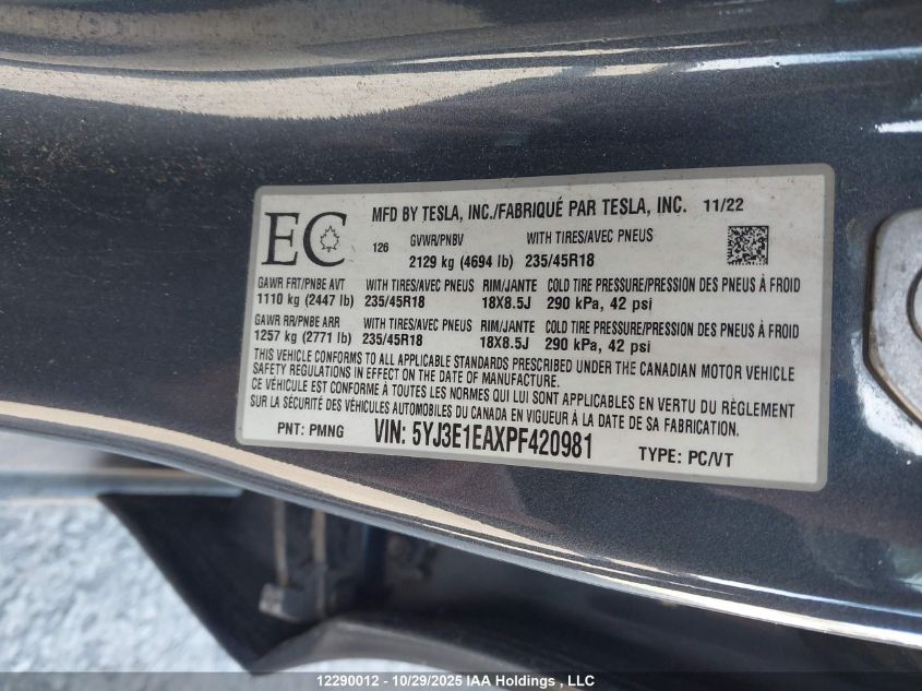 2023 Tesla Model 3 Rwd VIN: 5YJ3E1EAXPF420981 Lot: 12290012