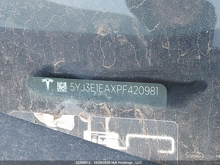 2023 Tesla Model 3 Rwd VIN: 5YJ3E1EAXPF420981 Lot: 12290012