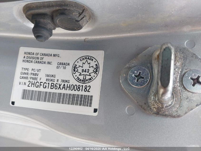 2010 Honda Civic Cpe VIN: 2HGFG1B6XAH008182 Lot: 12290902
