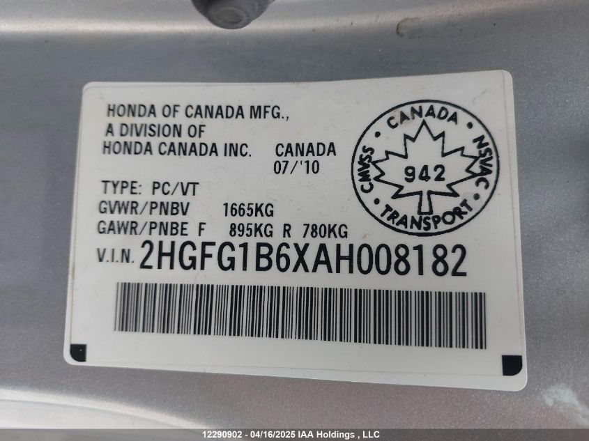 2010 Honda Civic Cpe VIN: 2HGFG1B6XAH008182 Lot: 12290902