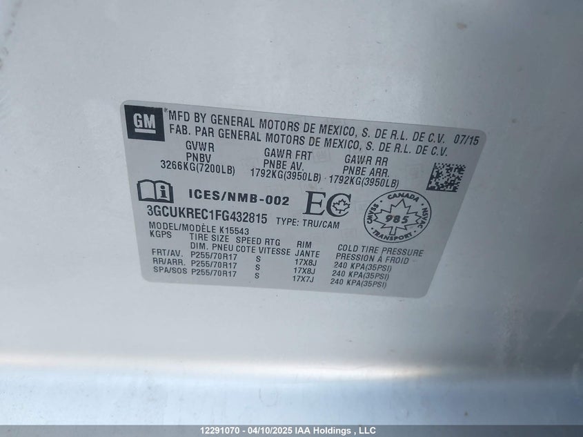 3GCUKREC1FG432815 2015 CHEVROLET SILVERADO photo no. 9