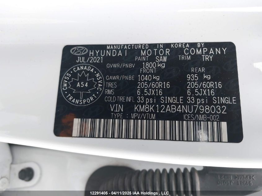 2022 Hyundai Kona Se VIN: KM8K12AB4NU798032 Lot: 12291405