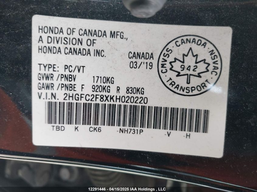 2019 Honda Civic Sport VIN: 2HGFC2F8XKH020220 Lot: 12291446