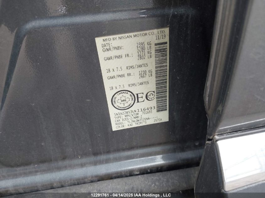 2020 Nissan Murano VIN: 5N1AZ2BS3LN116493 Lot: 12291761