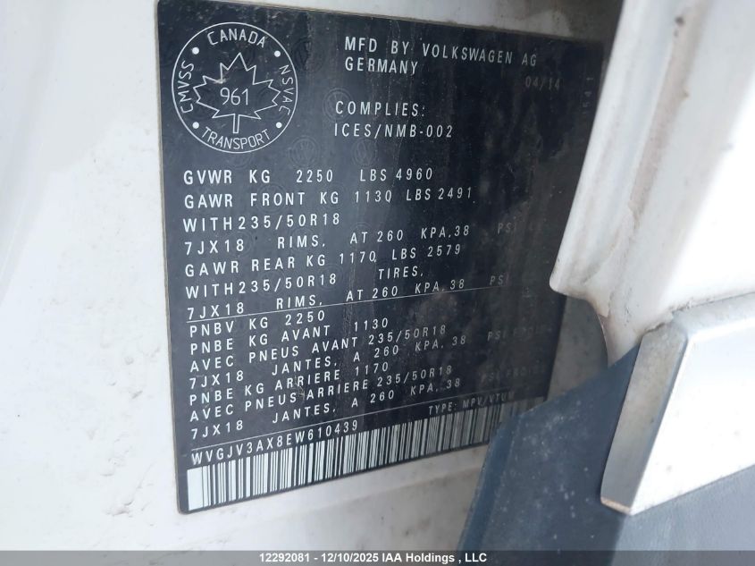 2014 Volkswagen Tiguan S/Se/Sel/R-Line VIN: WVGJV3AX8EW610439 Lot: 12292081