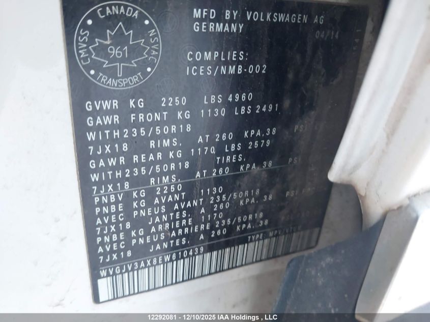 2014 Volkswagen Tiguan S/Se/Sel/R-Line VIN: WVGJV3AX8EW610439 Lot: 12292081