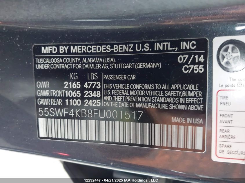 2015 Mercedes-Benz C 300 4Matic VIN: 55SWF4KB8FU001517 Lot: 12292447