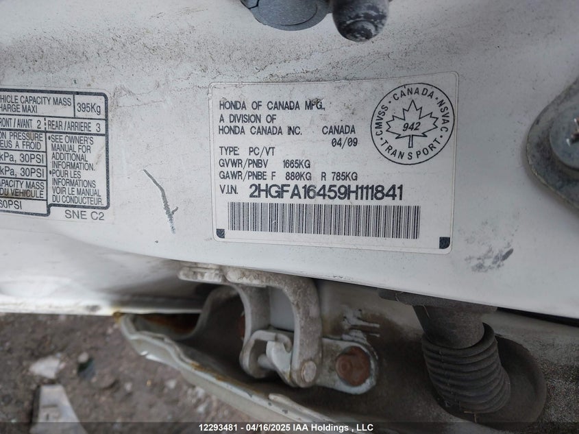 2009 Honda Civic Dx-G VIN: 2HGFA16459H111841 Lot: 12293481