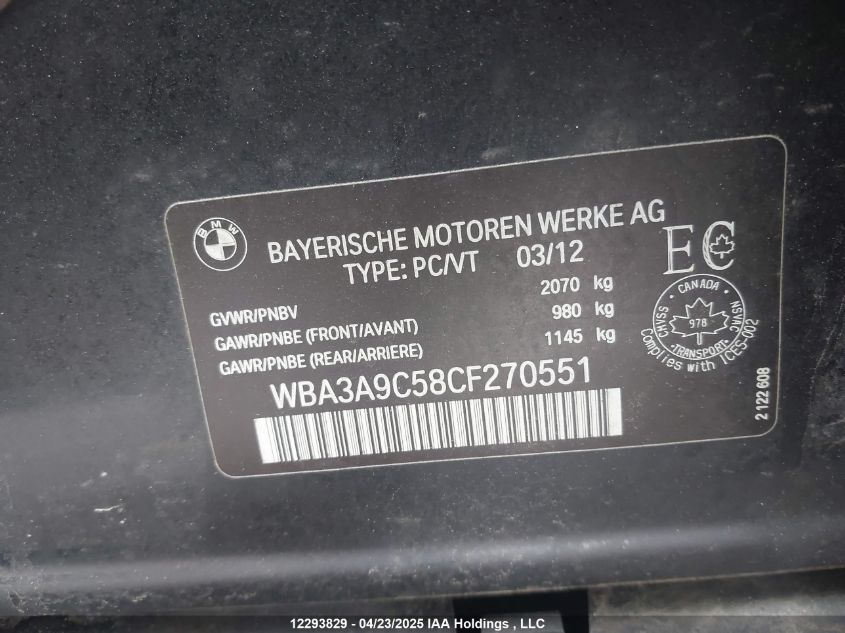 2012 BMW 3 Series VIN: WBA3A9C58CF270551 Lot: 12293829