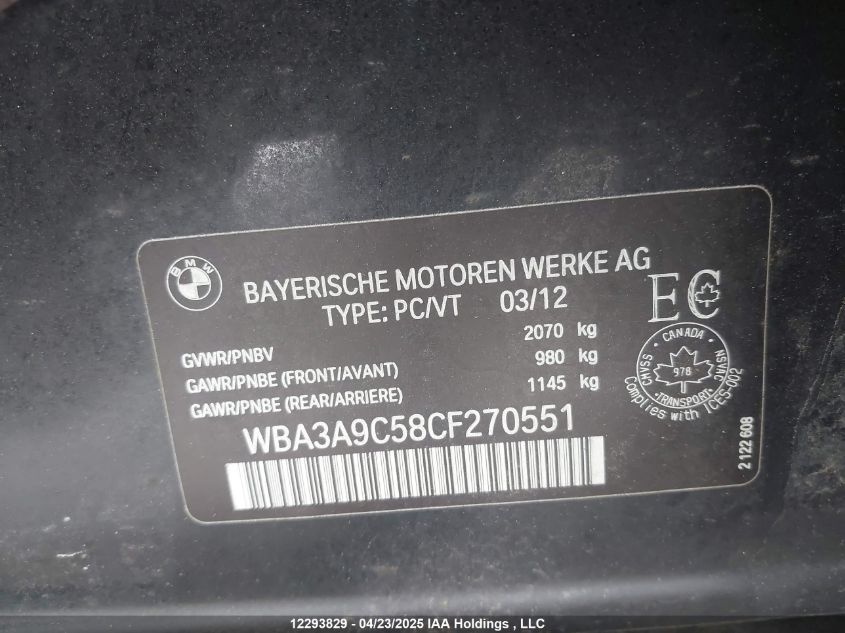2012 BMW 3 Series VIN: WBA3A9C58CF270551 Lot: 12293829