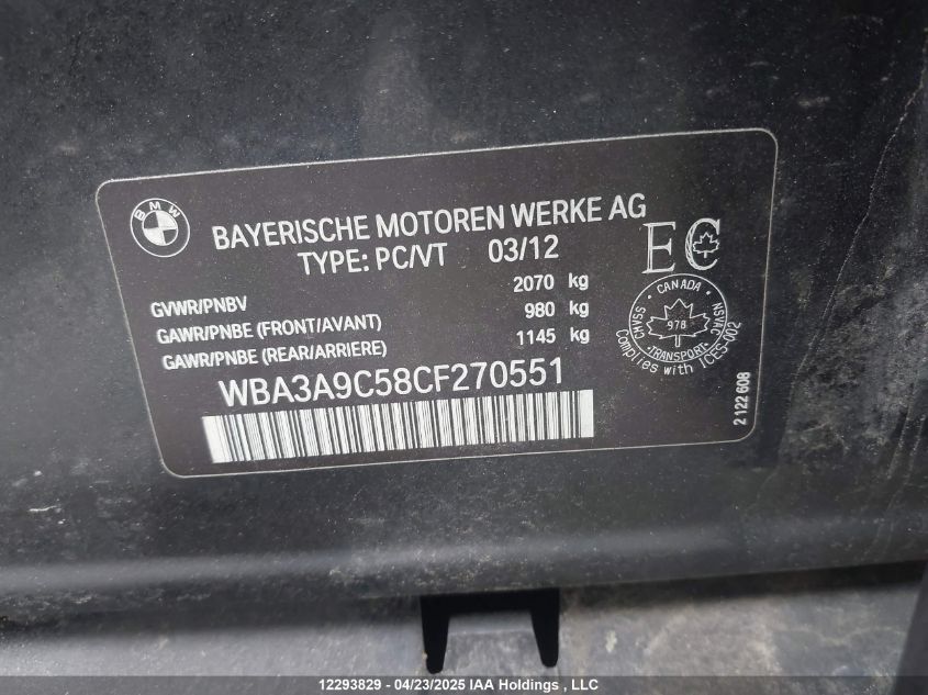 2012 BMW 3 Series VIN: WBA3A9C58CF270551 Lot: 12293829