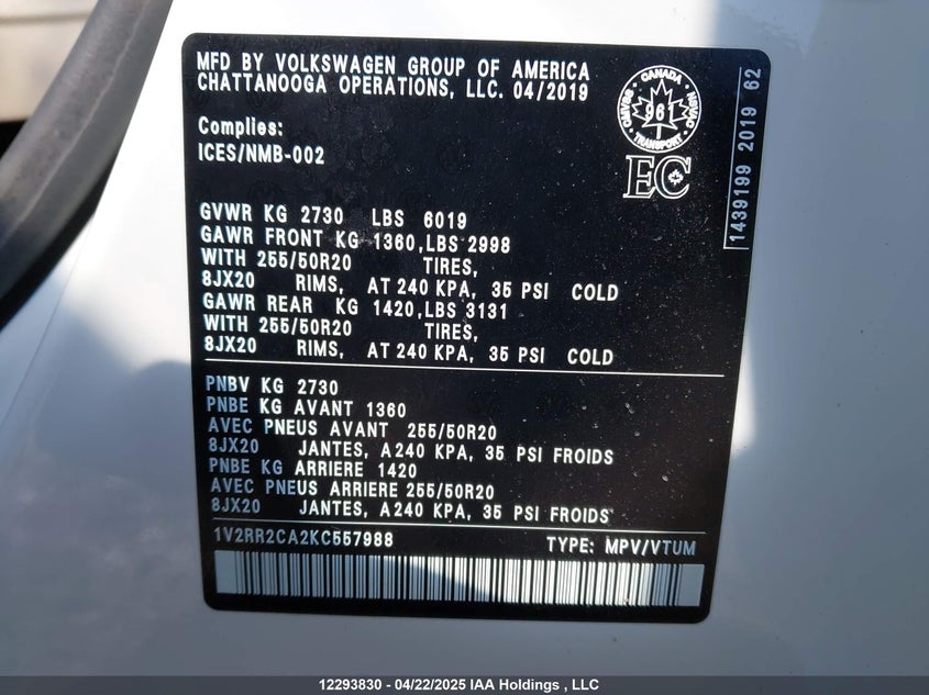 1V2RR2CA2KC557988 2019 VOLKSWAGEN ATLAS photo no. 9