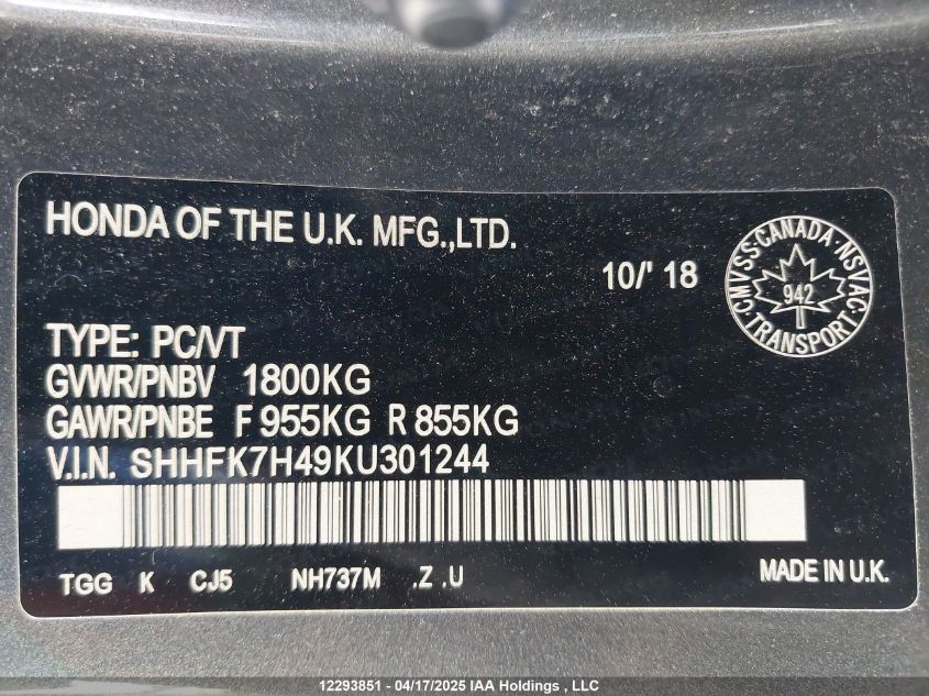 2019 Honda Civic Hatchback VIN: SHHFK7H49KU301244 Lot: 12293851