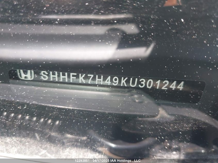 2019 Honda Civic Hatchback VIN: SHHFK7H49KU301244 Lot: 12293851
