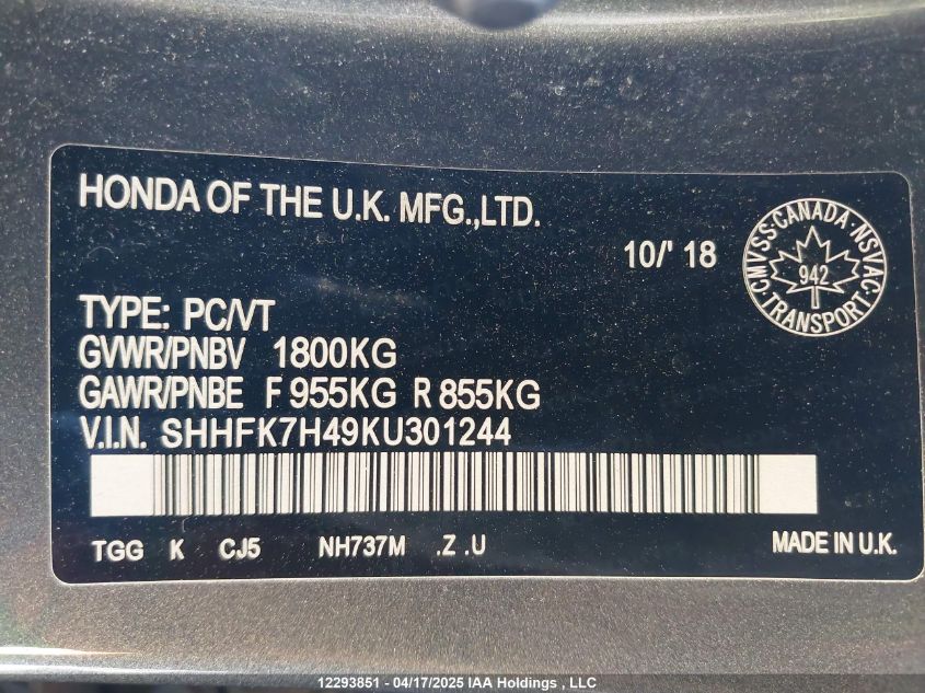 2019 Honda Civic Hatchback VIN: SHHFK7H49KU301244 Lot: 12293851