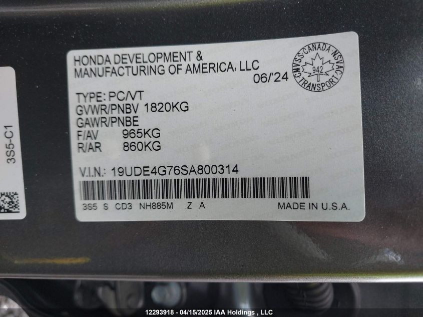 2025 Acura Integra VIN: 19UDE4G76SA800314 Lot: 12293918