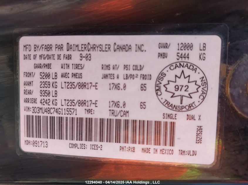 2004 Dodge Ram 3500 Slt/Laramie VIN: 3D3MU48C74G115571 Lot: 12294040