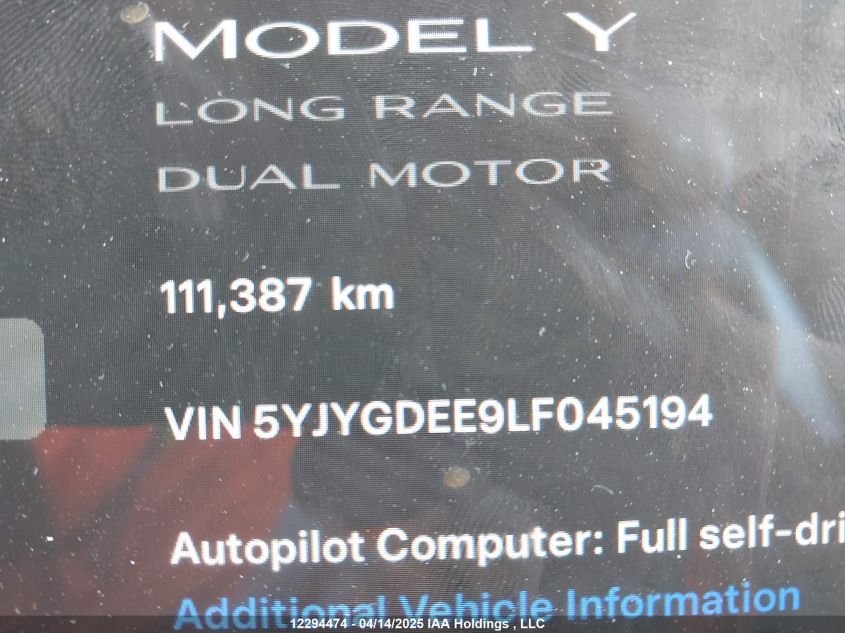 2020 Tesla Model Y VIN: 5YJYGDEE9LF045194 Lot: 12294474